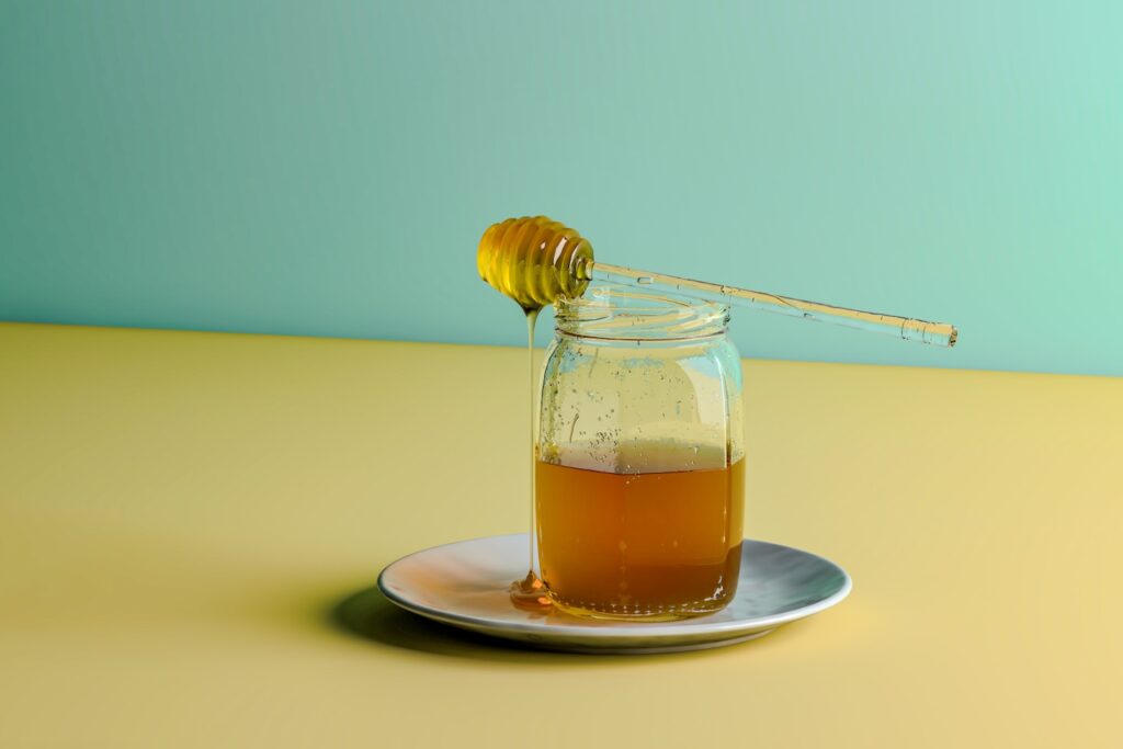 a glass jar filled with honey sitting on a plate