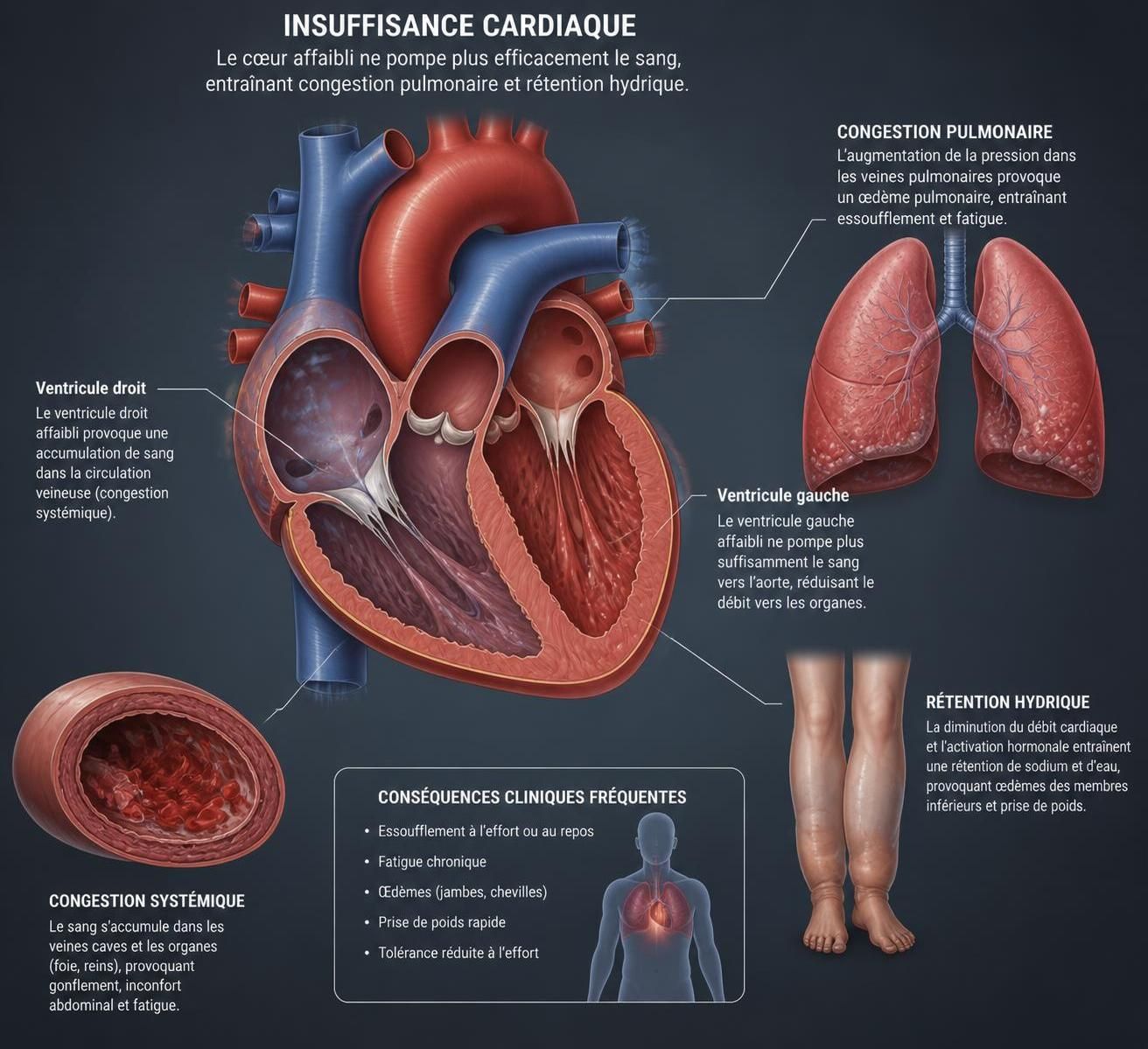 découvrez les mécanismes clés de l'insuffisance cardiaque, une défaillance fatale du cœur, pour mieux comprendre cette maladie et ses implications.
