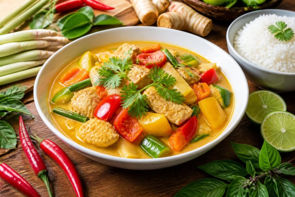 découvrez notre recette thaï de poulet aux légumes, un parfait équilibre entre saveurs exotiques et fraîcheur pour un repas sain et gourmand.